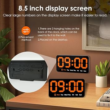 Digital Wall Clock 8.5 Inch Large Display LED Alarm Clock with Date Week Temperature Double Alarm 3 Levels Brightness Adjustable Countdown Clocks for Living Room Bedroom Classroom Kitchen (Orange)
