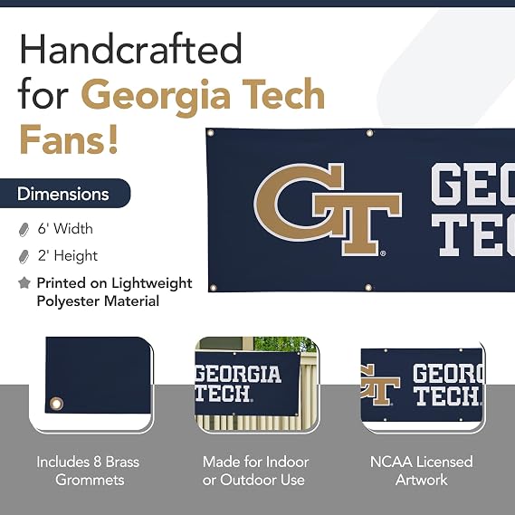 Georgia Tech Yellow Jackets College Sports Printed Polyester Banner - NCAA Licensed - Hanging Graduation Decoration - School Banner (Navy Blue, Gold) (2' x 6')