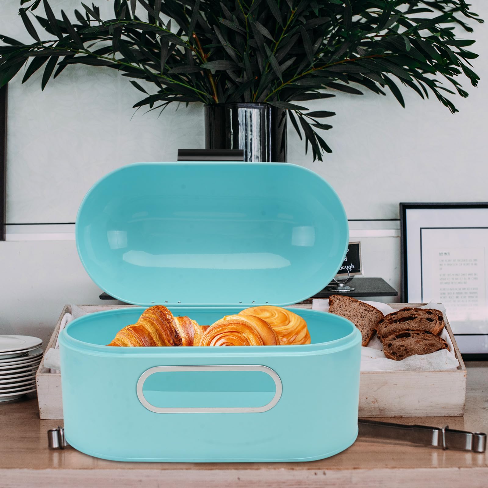 FOMIYES Portapane da Cucina Metallico Visibile per Casa, Blu, Contenitore