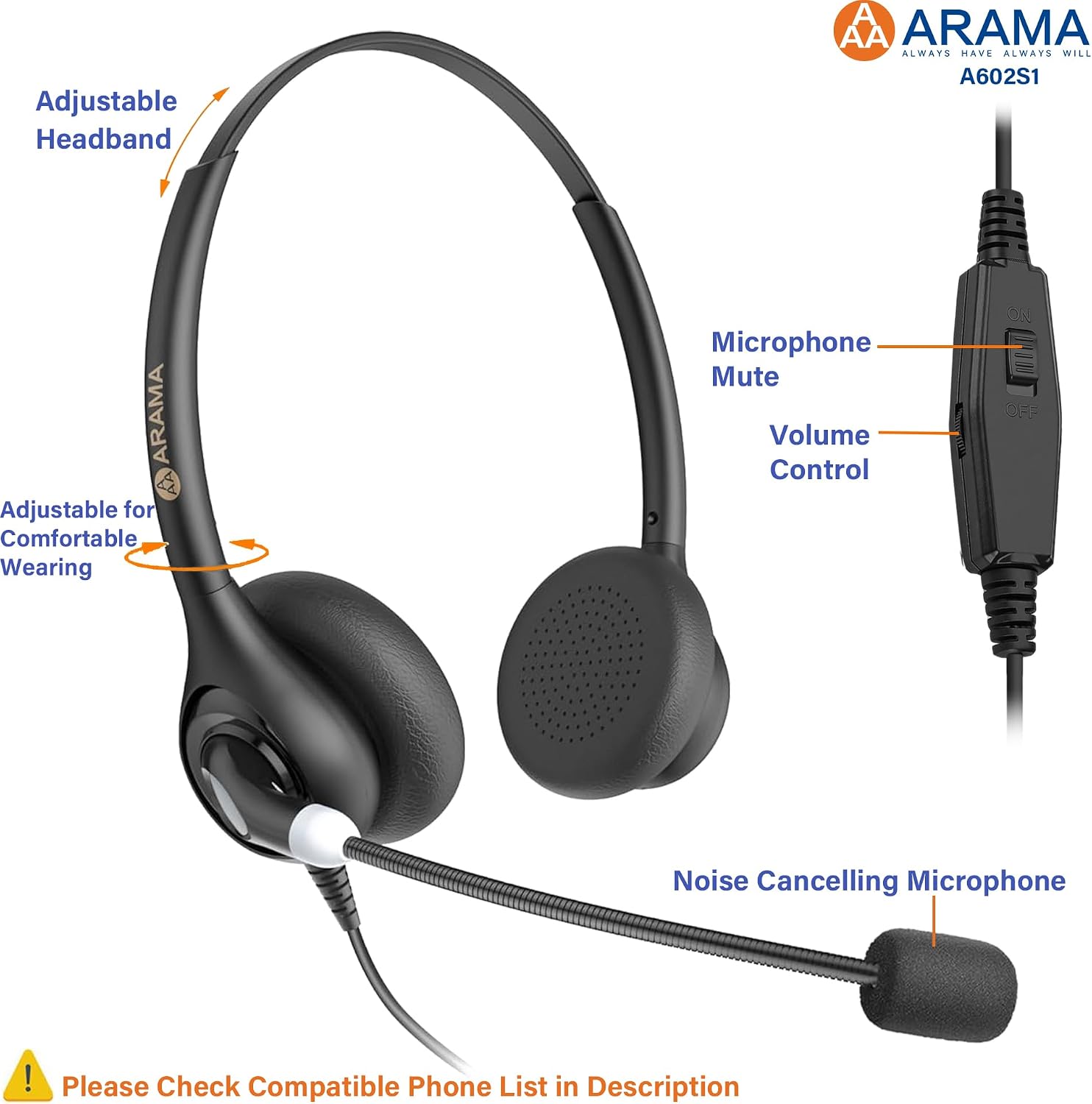 Arama Corded Telephone Headset, RJ9 Headset w/Noise Canceling Mic Compatible with Polycom ShoreTel Plantronics Zultys Toshiba NEC Aspire Dterm Nortel Packet8 Landline Deskphones (A602S1)