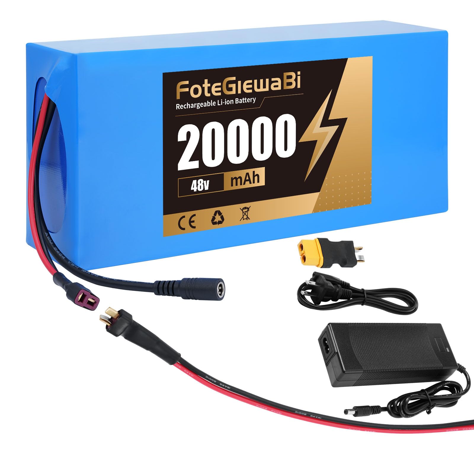 48V 20Ah Universal Power Pack Rechargeable Lithium Battery with Charger, Charging Cable, Cable Connector, for 250W -1000W