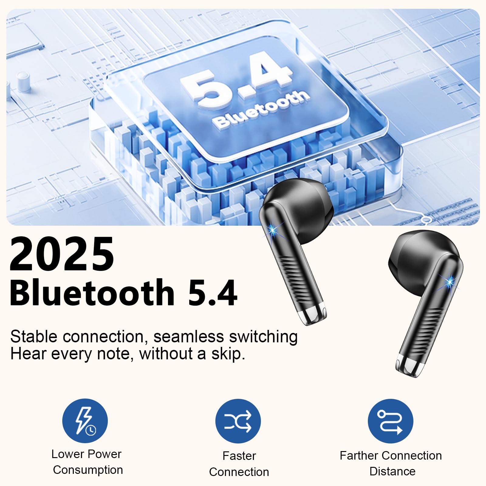 Cuffie Bluetooth 5.4, 2025 Auricolari Bluetooth 56Ore 6D Stereo Cuffie Wireless In Ear con 4 ENC Mic, Cuffie Senza Fili Cancellazione Rumore Cuffiette Sport IP7 Impermeabili Headphones per iOS/Android