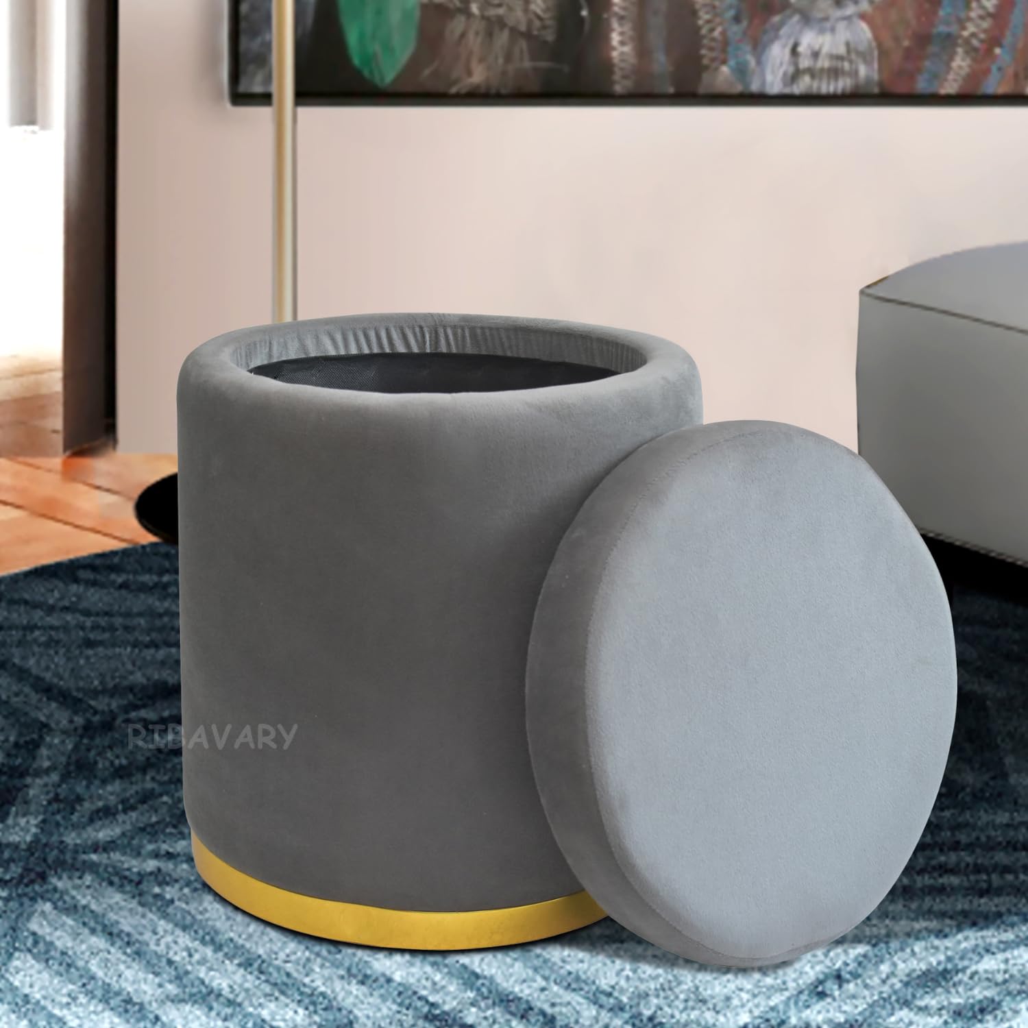Storage Ottoman Sitting Stool for Bedroom & Living Room, Velvet Sofa Side Stool, Wooden Small Ottoman Footrest Stool, Makeup Chair, Pouf for Office & Home Decoration (Drum Storage, Grey.)-image-2
