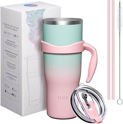 Miniatura 5 de THILY Vaso aislado de 40 onzas con asa, taza de viaje para café de acero inoxidable con tapa y pajitas, mantiene las bebidas frías durante 34 horas