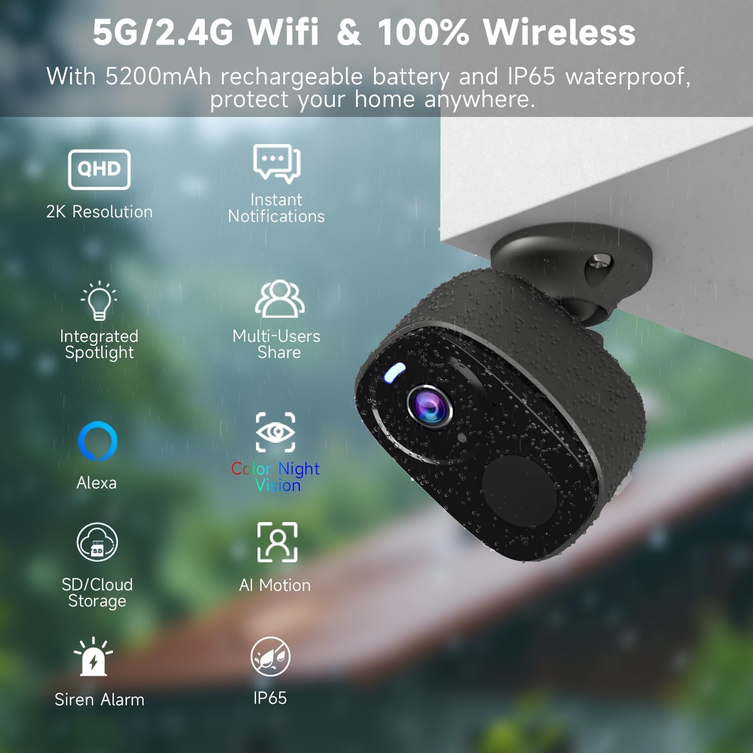 WLAN-Überwachungskameras, kabellos, für den Außenbereich, batteriebetrieben, mit AI-Bewegungserkennung, Sirenen-Alarm, Farb-Nachtsicht, 2-Wege-Talk, IP65 wasserdicht, funktioniert mit Alexa, Cloud/SD