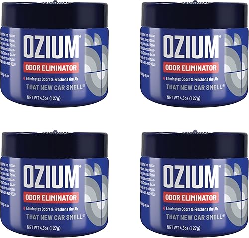Ozium Paquete de 4 unidades de gel eliminador de olores de 4.5 onzas para hogares, automóviles, oficinas y más, olor a coche nuevo