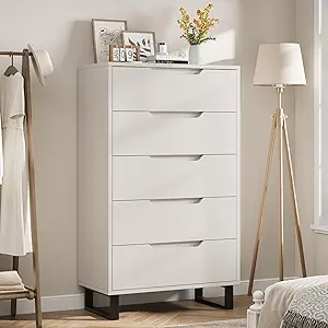 GarveeHome 5 Dresser for Bedroom, 50" Tall Dresser, Freestanding Vertical Drawer with Storage, Wooden Closet Chest Storage for Living Room, Hallway, Entryway, White