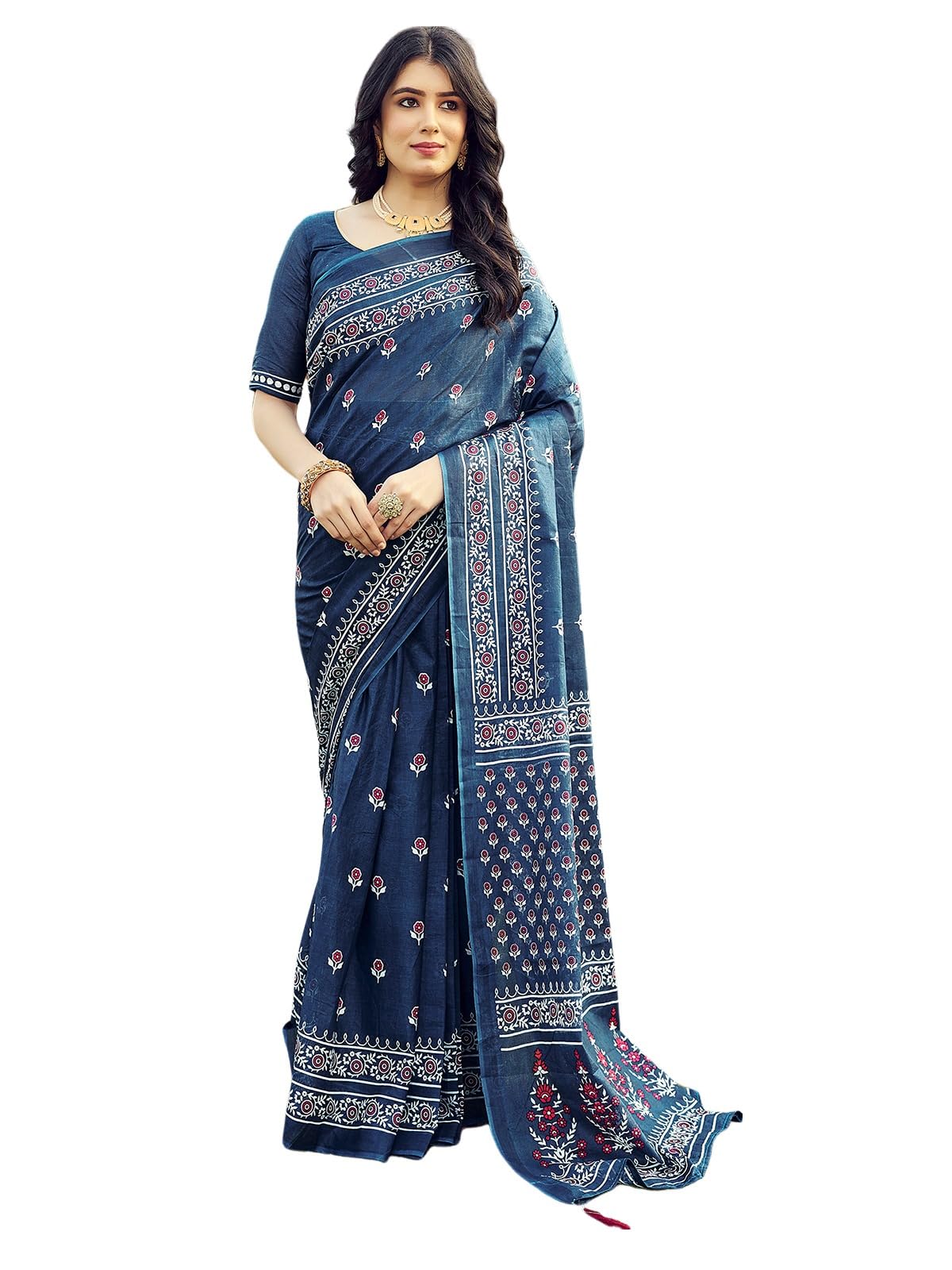 Satrani Women's Cotton Printed Ready To Wear Saree With Unstitched Blouse Piece (7Rs108N_Rama Blue4)