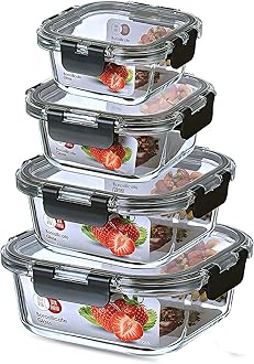 Meal Prep Airtight Food Storage Glass Container Set with Lids - Stackable glass tupperware with Measuring Spoon set Gift- Freezer, Microwave & Dishwasher Safe (300ml,500ml,800ml,1170ml)