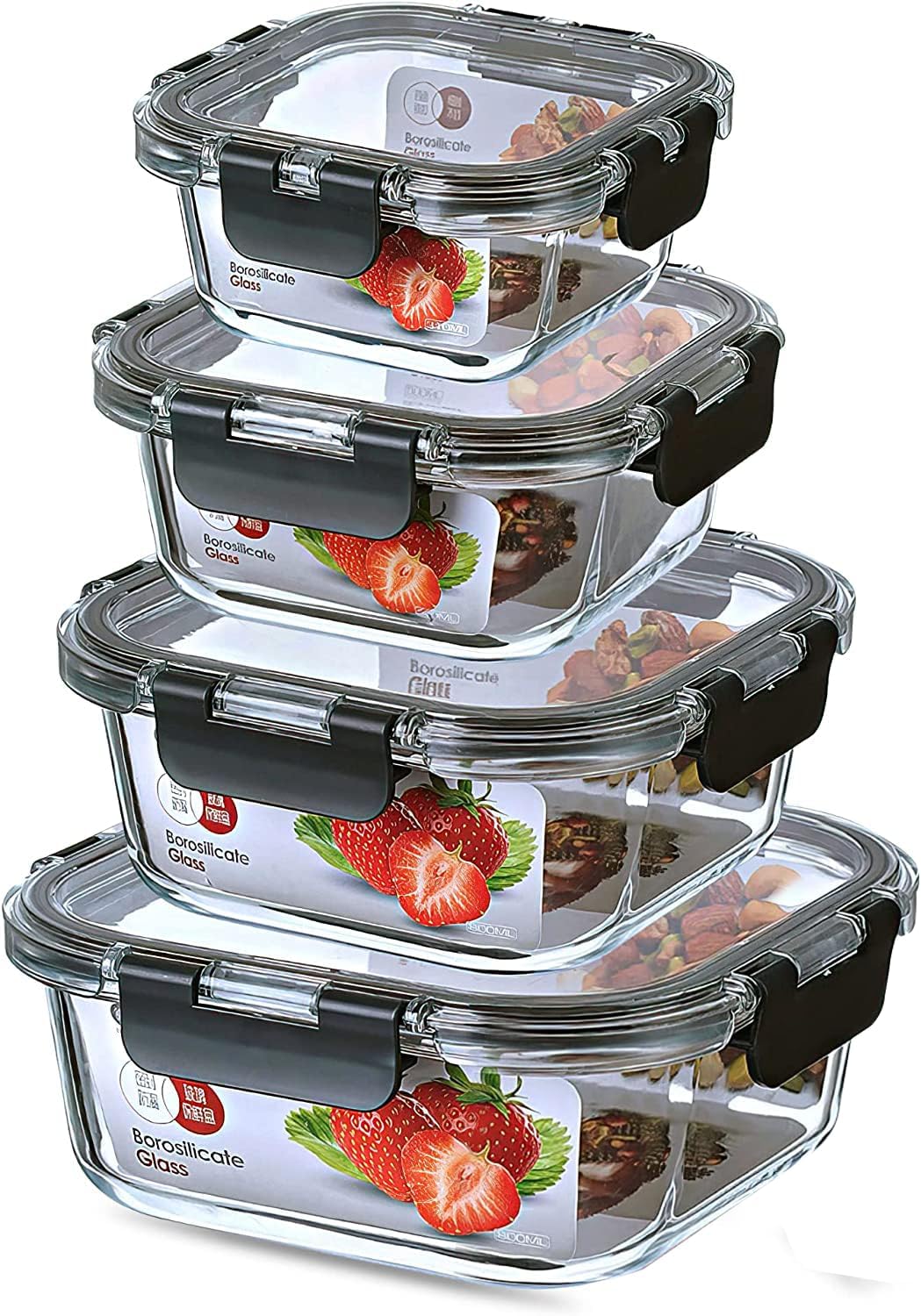 Meal Prep Airtight Food Storage Glass Container Set with Lids - Stackable glass tupperware with Measuring Spoon set Gift- Freezer, Microwave & Dishwasher Safe (300ml,500ml,800ml,1170ml)
