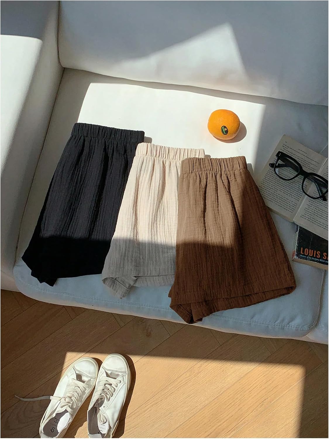 MakeMeChic Women's 3 Pack Linen Shorts Plaid Gingham Striped Summer Beach Shorts