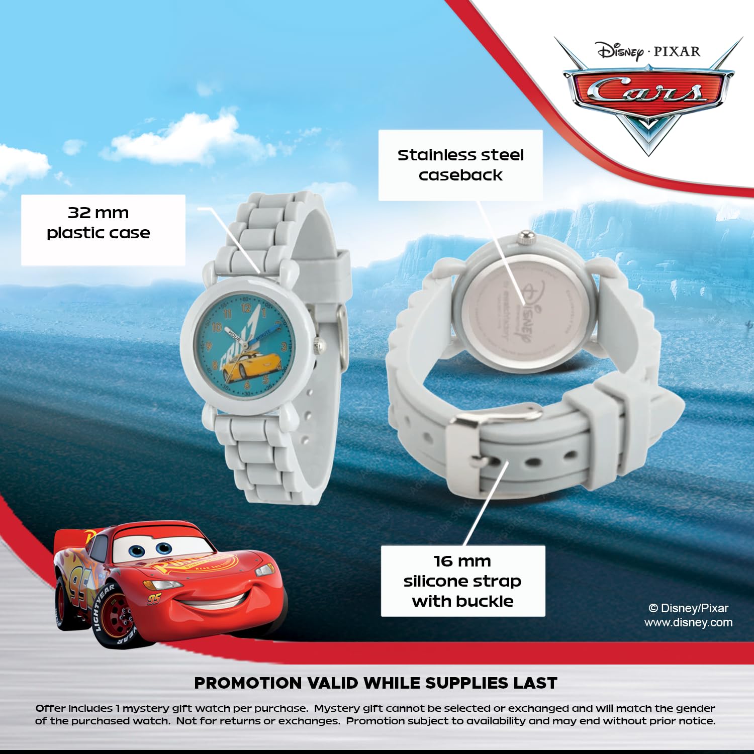 Disney Pixar Cars Orologio per bambini dai 3 ai 7 anni con quadrante luminoso con personaggi - ottimo regalo per bambini - quadrante di facile lettura, lunetta grigia e cinturino in silicone grigio
