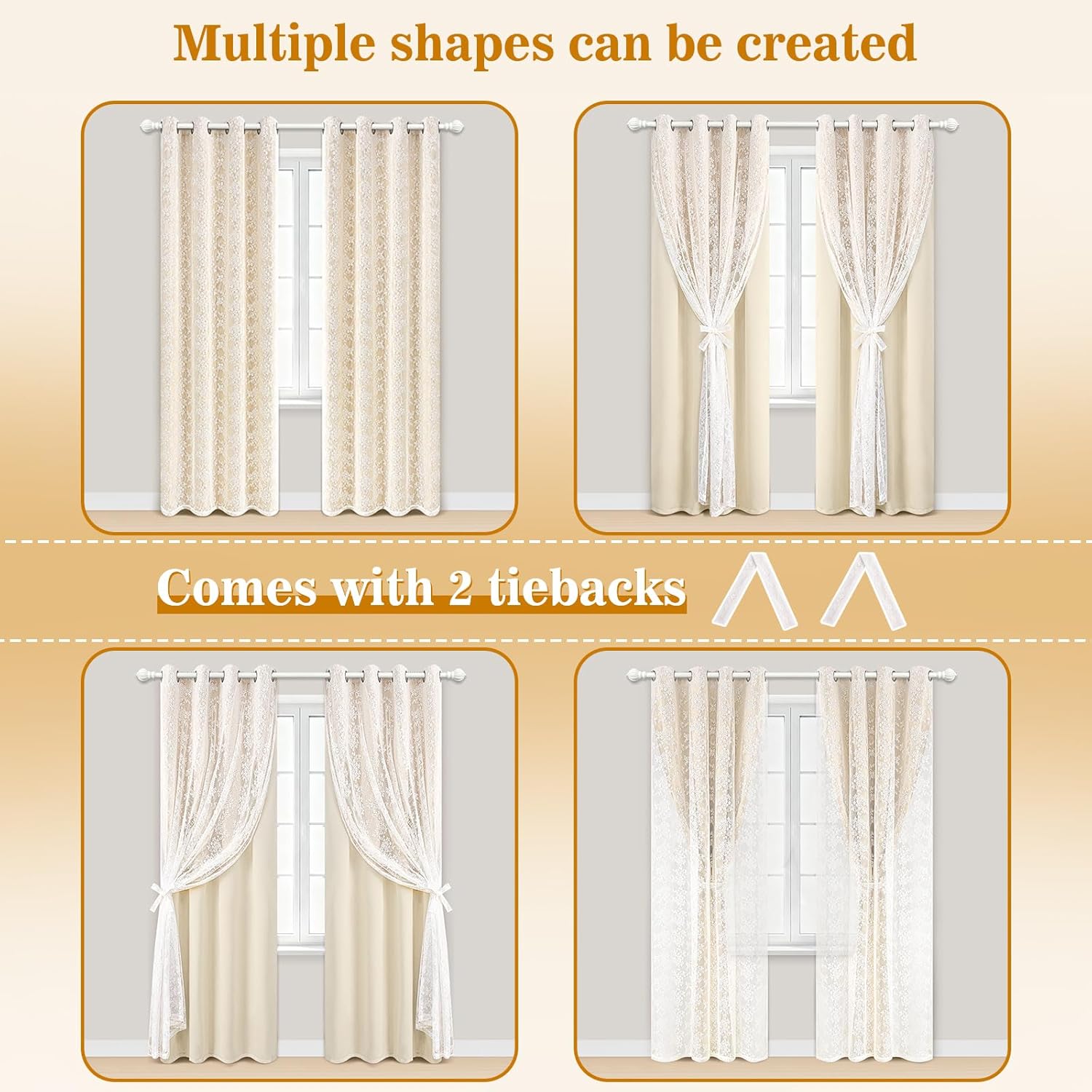 Yinhua Blackout Curtains for Bedroom Double Layer Beige Curtains for Living Room 84 Inches Long Nursery Curtain with Tiebacks, Thermal Insulation Grommet Drapes for Toddler, 52" W x 84" L