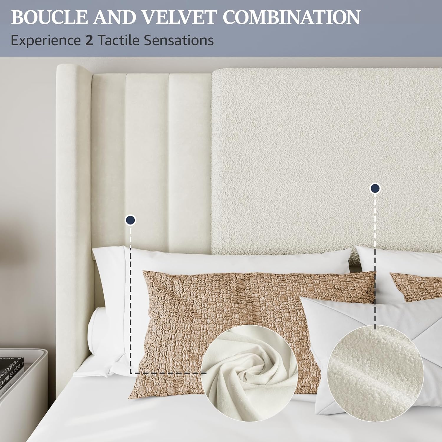 King Size Bed Frame with Tall Headboard and Footboard, Boucle and Velvet Upholstered Bed Frame King with LED Lights, Modern Platform Bed Frames, Noiseless, Easy Assembly, White