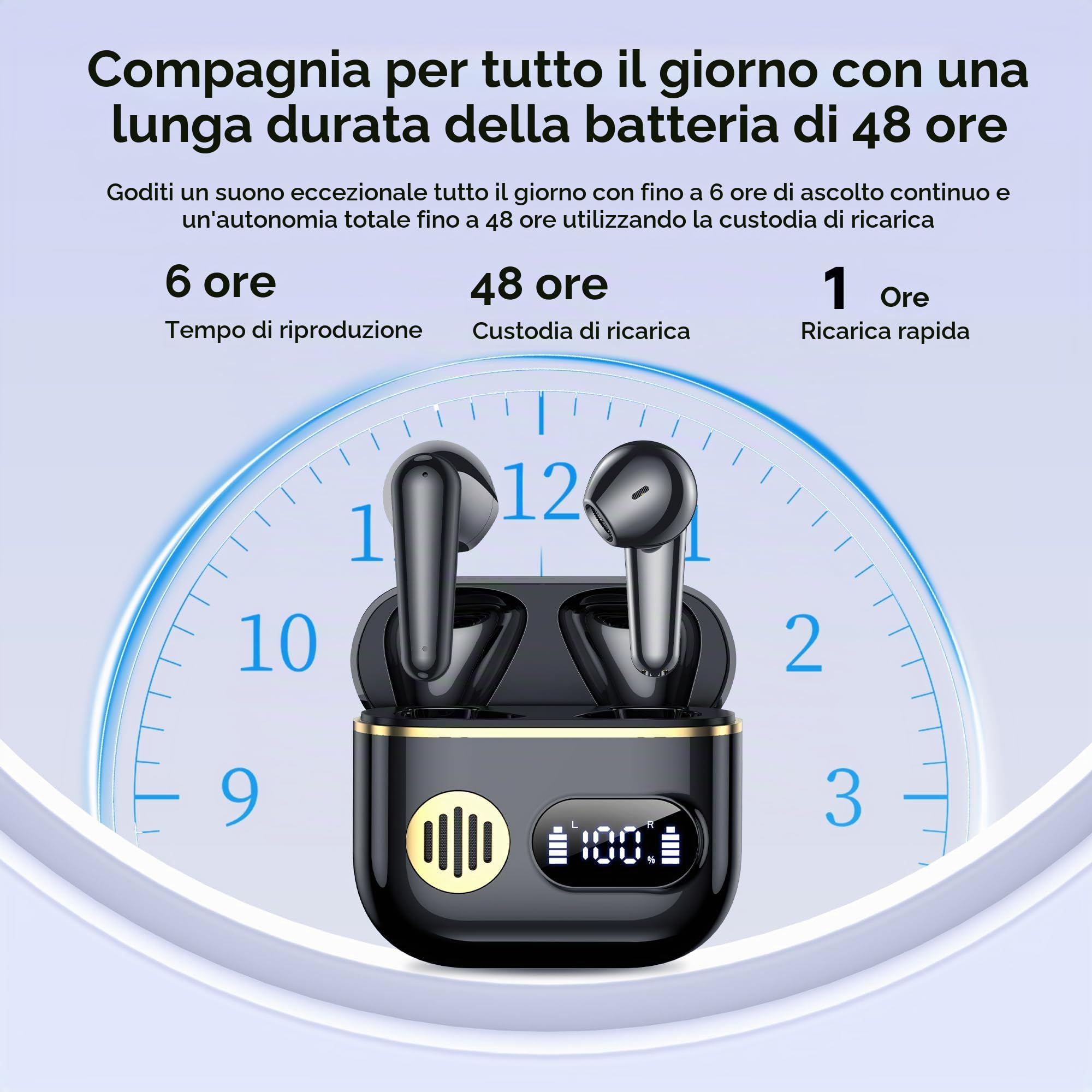 Cuffie Bluetooth,Auricolari Bluetooth 6.1 - Cuffie Wireless con 6 ENC Cancellazione Rumore Mics, Cuffie in Ear 48 Ore di Riproduzione, Cuffiette Senza Filo HiFi Stereo per iOS/Android - Classico Nero