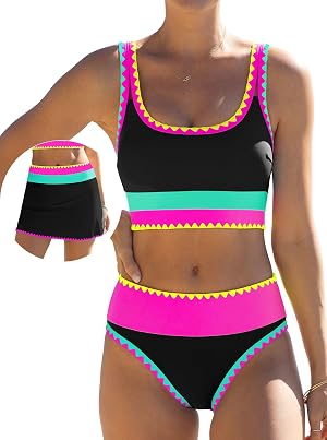 popvil High Waisted Bikini Sets for Women Tummy Control Swimsuits 3 Piece Bathing Suits Neon Swimwear with Skirt