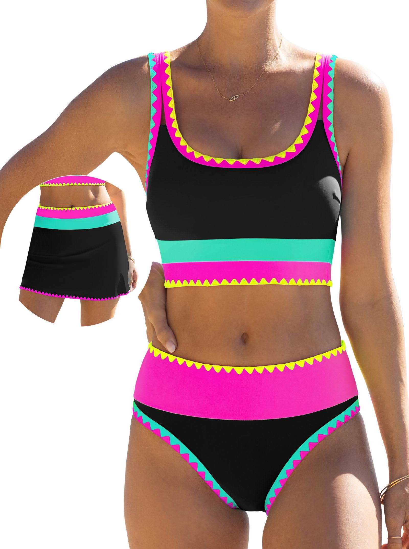 popvil High Waisted Bikini Sets for Women Tummy Control Swimsuits 3 Piece Bathing Suits Neon Swimwear with Skirt
