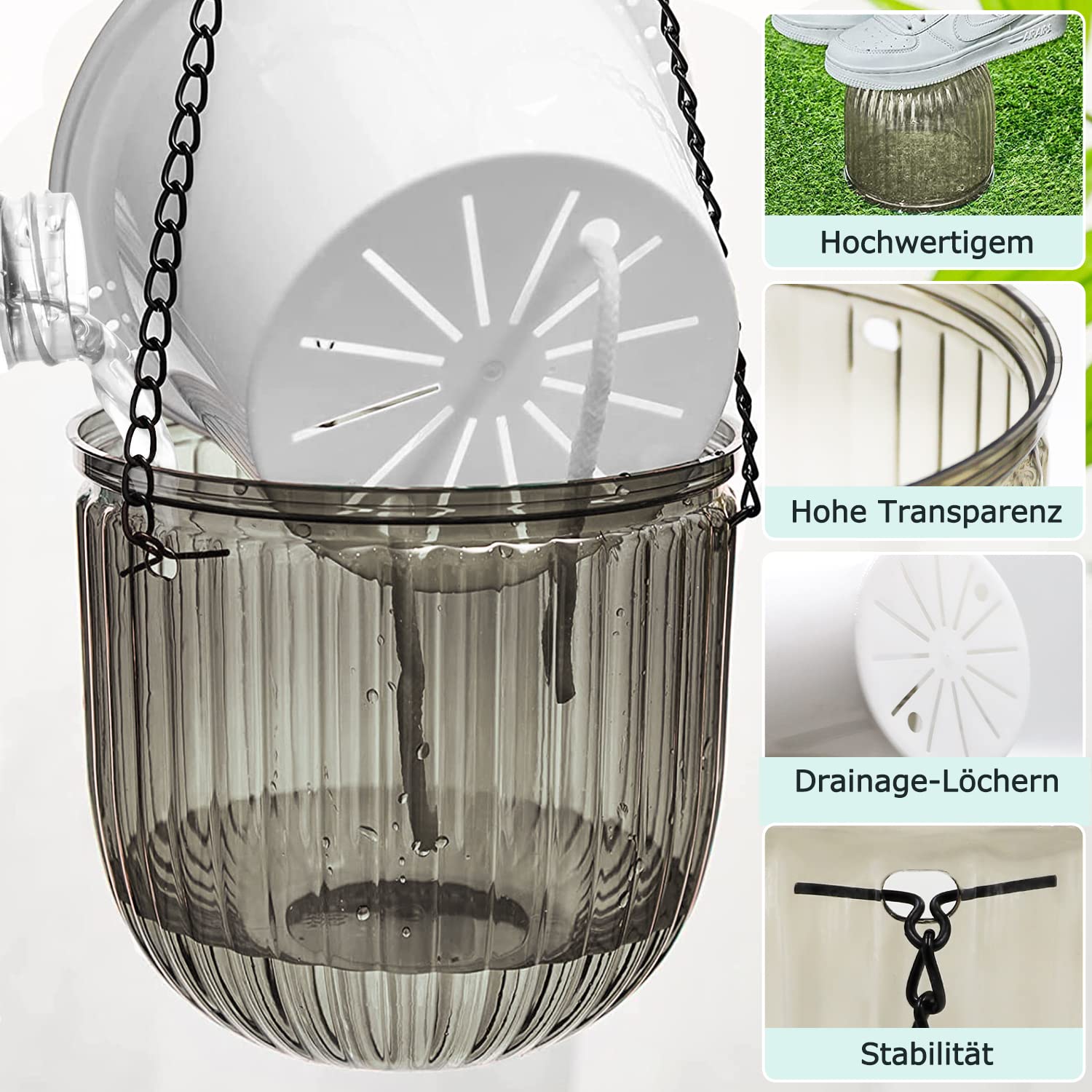 iDattel 2er Set Selbstbewässernd Blumenampeln Hängeampel Blumentopf Pflanzen, 16,5 cm do wewnątrz hängende Topf mit 3 Hooks Entwässerungslöchern für Innen und Außendeckoration (szary)
