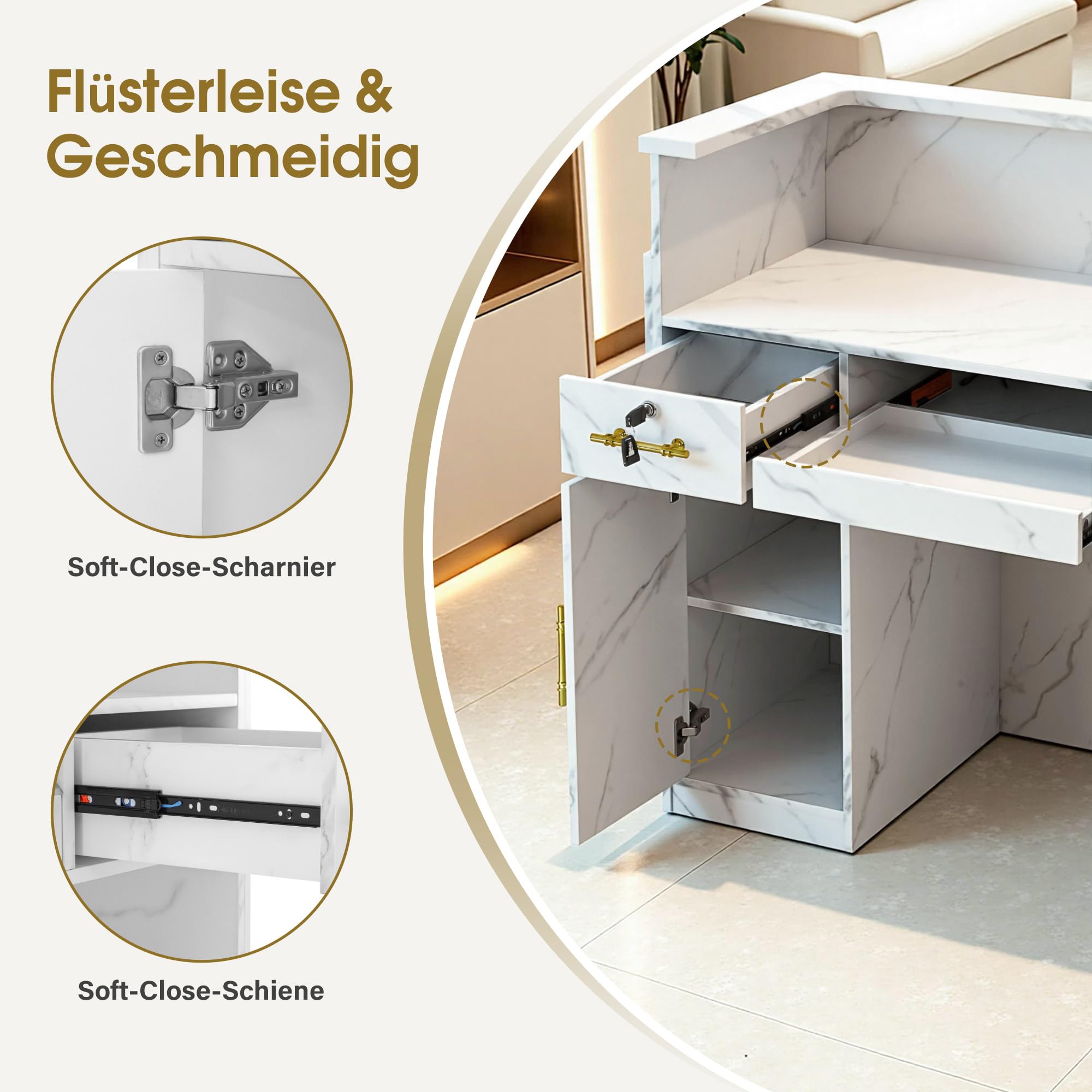 Barberpub Empfangstheke mit 3 Schubladen & 1 Schrank, Empfangstisch mit Beleuchtung, 55x120x107 cm