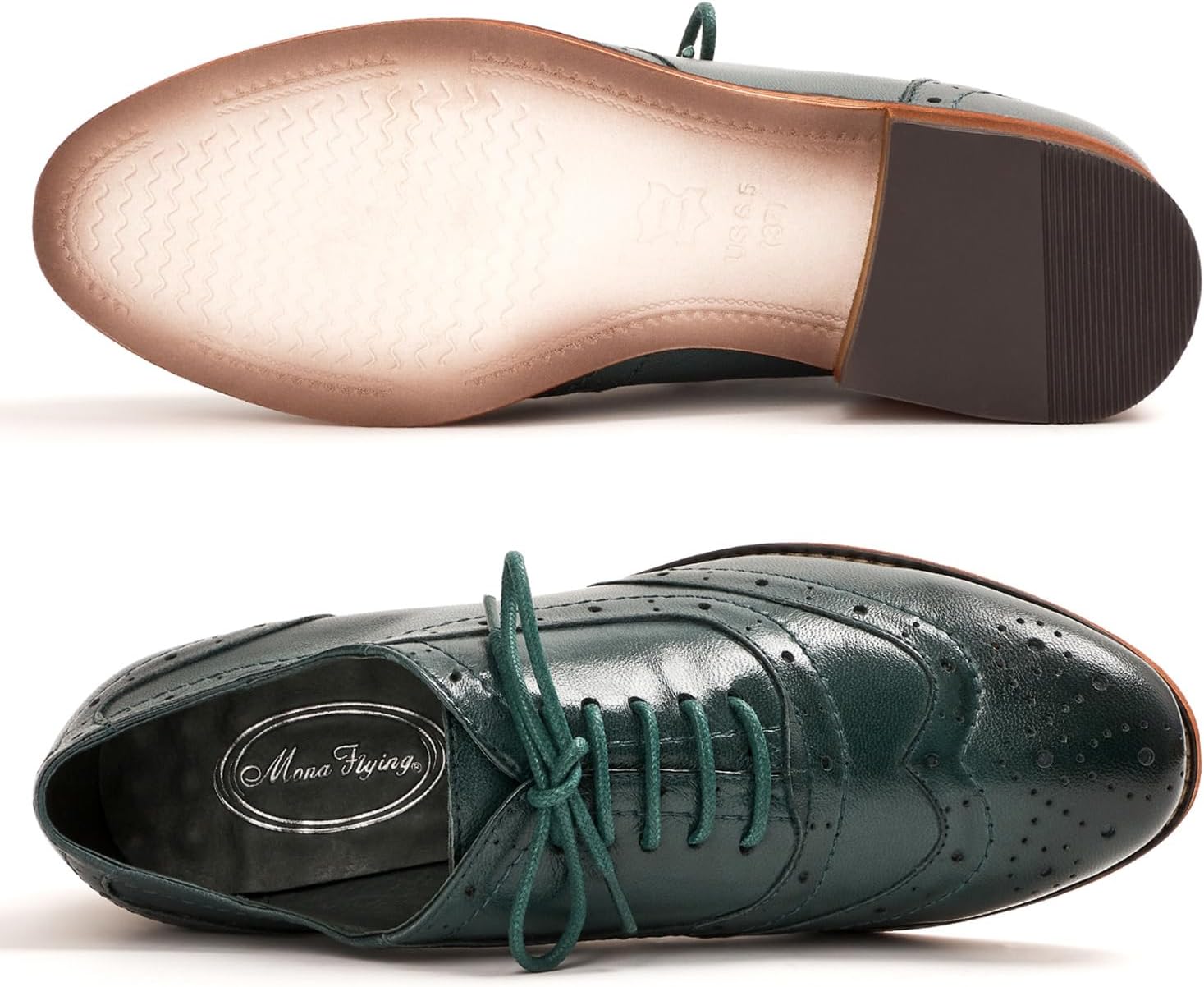Mona flying Womens Leather Flat Oxfords Shoes for Women Perforated Lace-up Wingtip Vintage Brogues Shoes