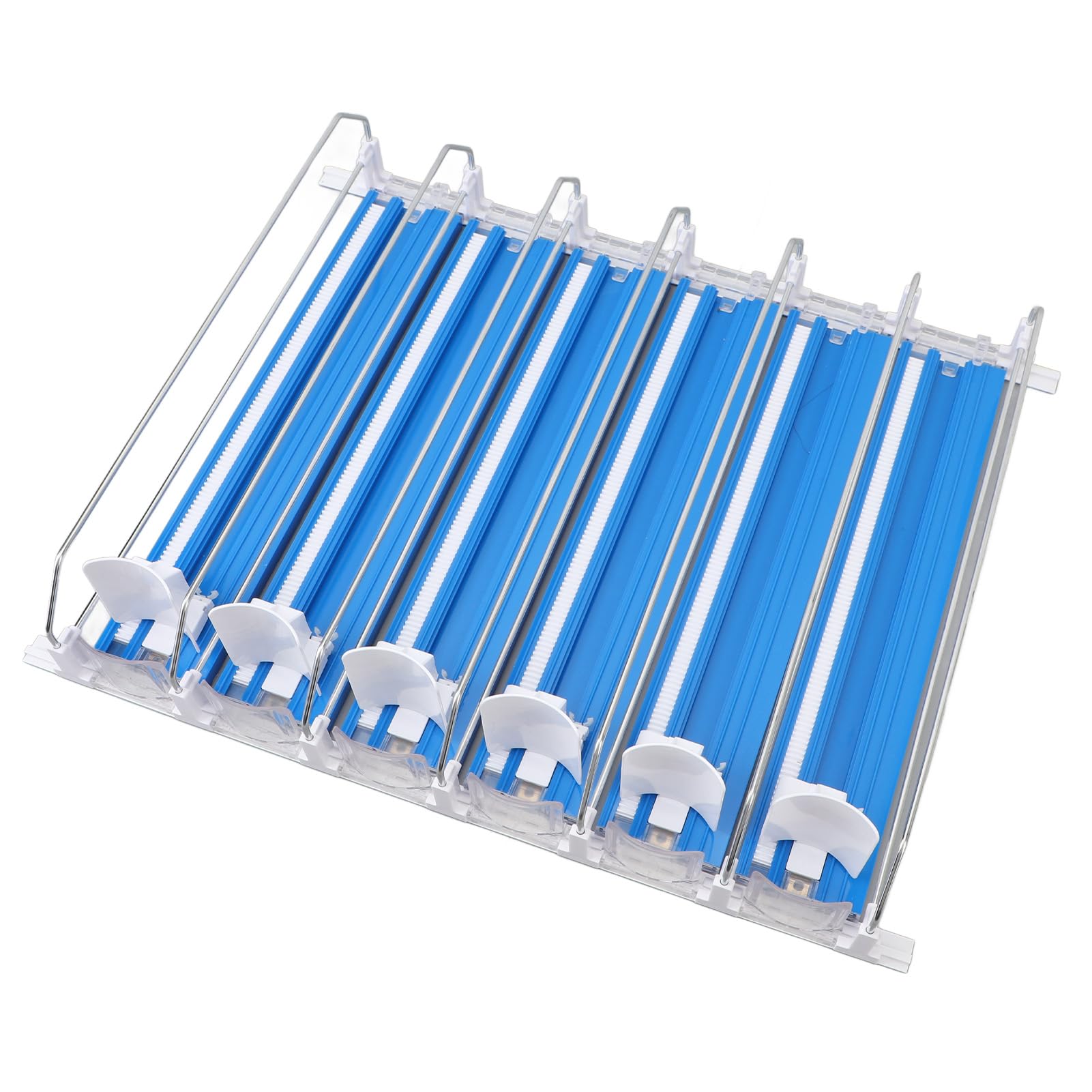 Organizador de bebidas para nevera, soporte ajustable para latas de bebidas, de carga fácil con empujador de amortiguación, dispensador de latas de refresco para cerveza, vino, (Azul)