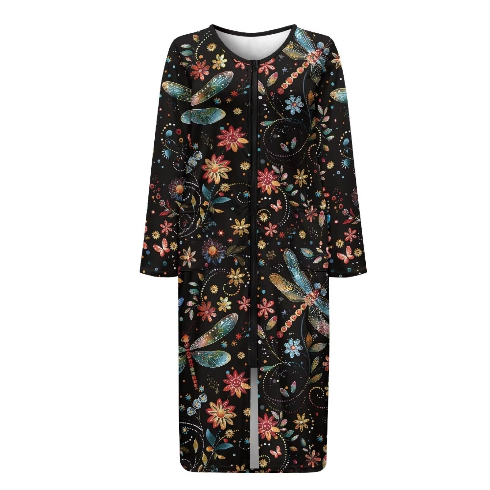 Damen-Hausmantel mit Reißverschluss vorne, langärmelig, Nachtwäsche, Bademantel mit Tasche, weiche Loungewear, Größe S-4XL