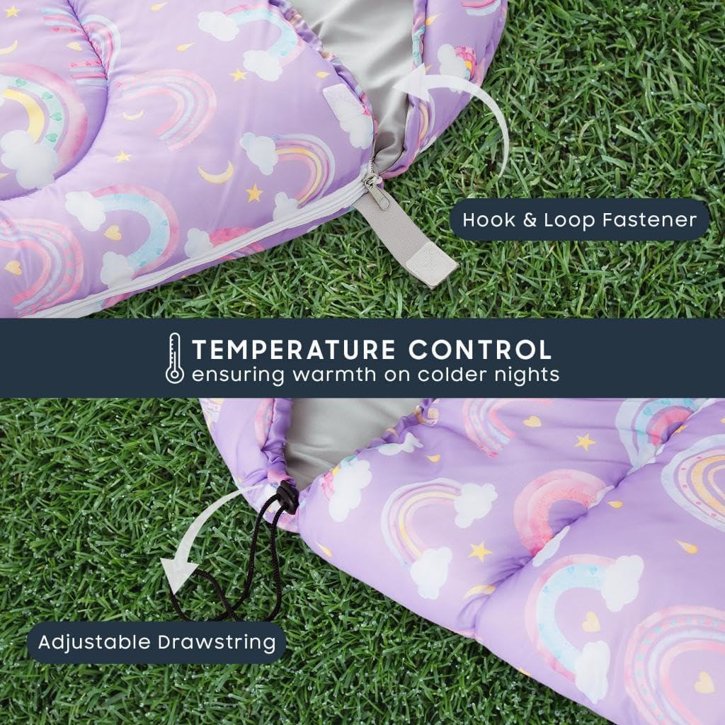 Wake In Cloud - Kids Sleeping Bag for Girls Toddlers, Camping in Warm Cold Weather, Backpacking Lightweight Compact Outdoor Liner for 3 Seasons, Rainbow Clouds