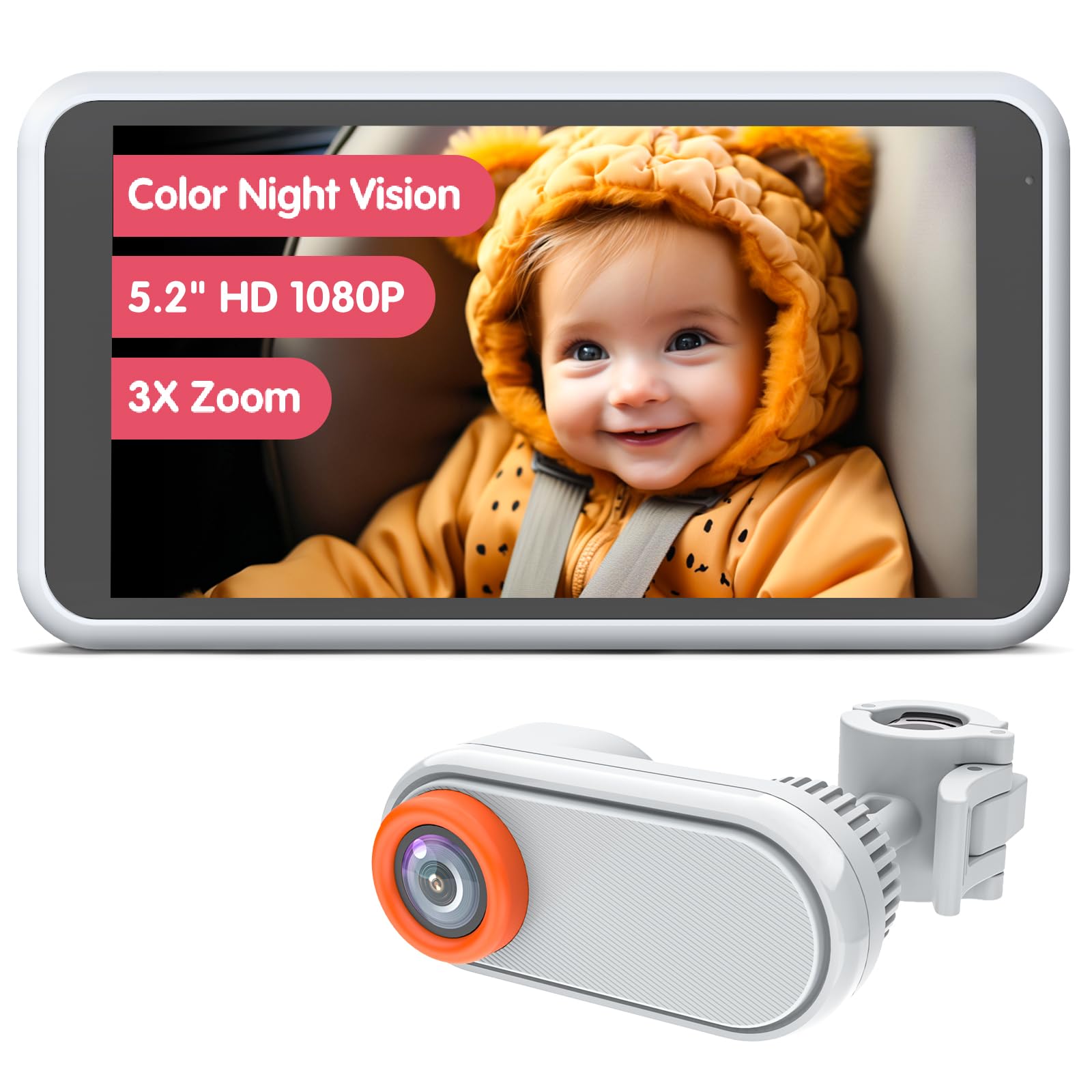 LUCKVIEW Baby Car Camera, 5.2" 1080P HD Car Camera for Baby with Full Color Night Vision for Back Seat Rear Facing, 360°Rotating Adjustable Car Baby Camera with 3X Zoom, BM2 White