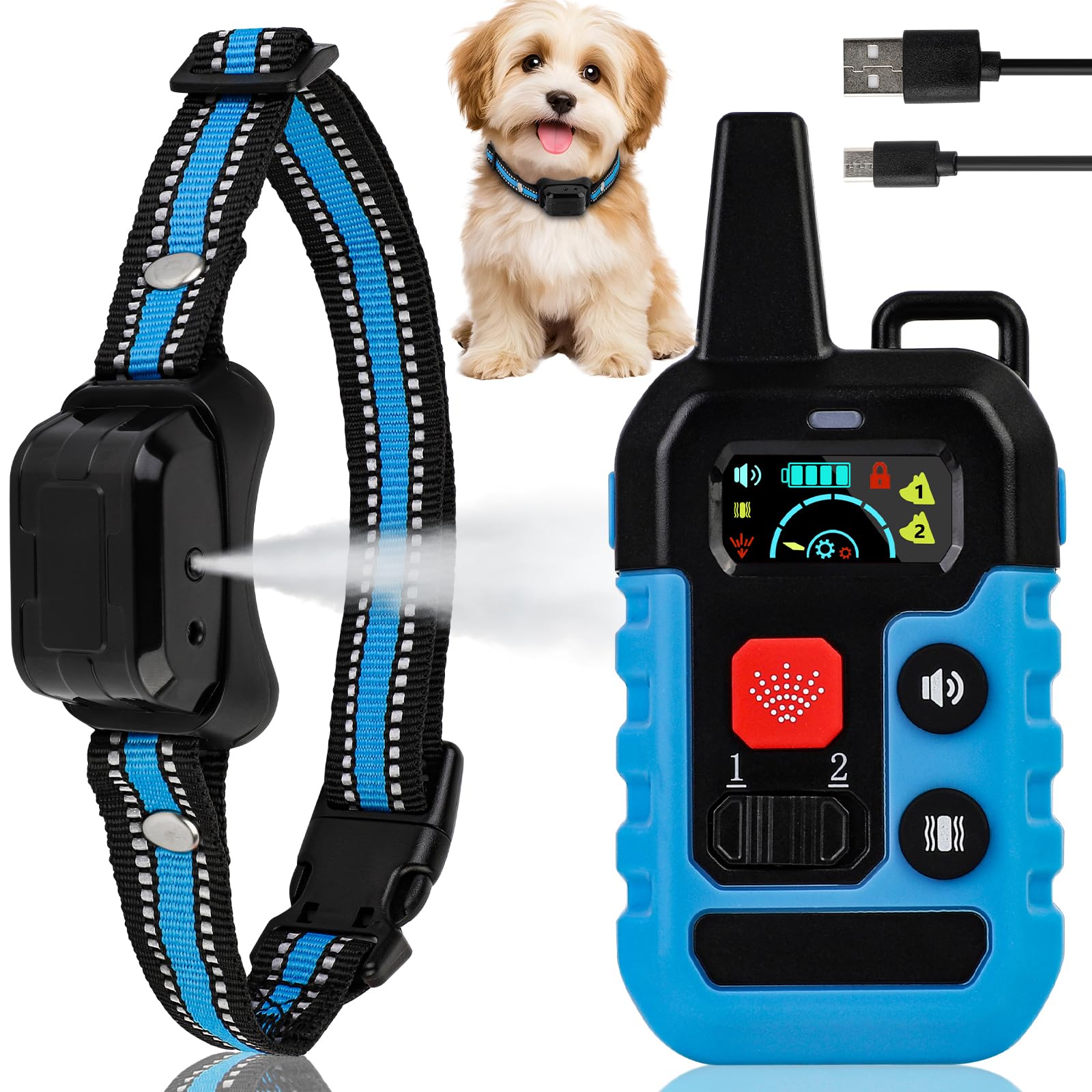 Collare Antiabbaiamento alla Citronella con Telecomando - Senza Scossa - Umano e Sicuro - 4 Modalità di Addestramento (Vibrazione/Suono/Spray/Rinforzo) - Portata 300m - per Cani Taglia S/M/L, Blu