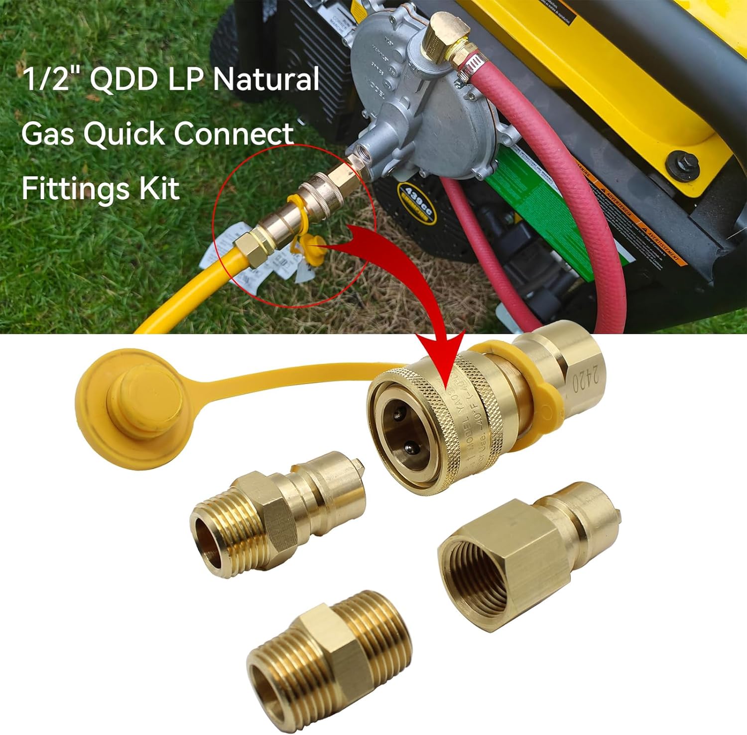 1/2" QDD LP Natural Gas Quick Connect Fittings Kit, Natural and Propane Gas Hose Quick Connect/Disconnect Plug Set, Solid Brass with Dust Cover & Raw Material Tape