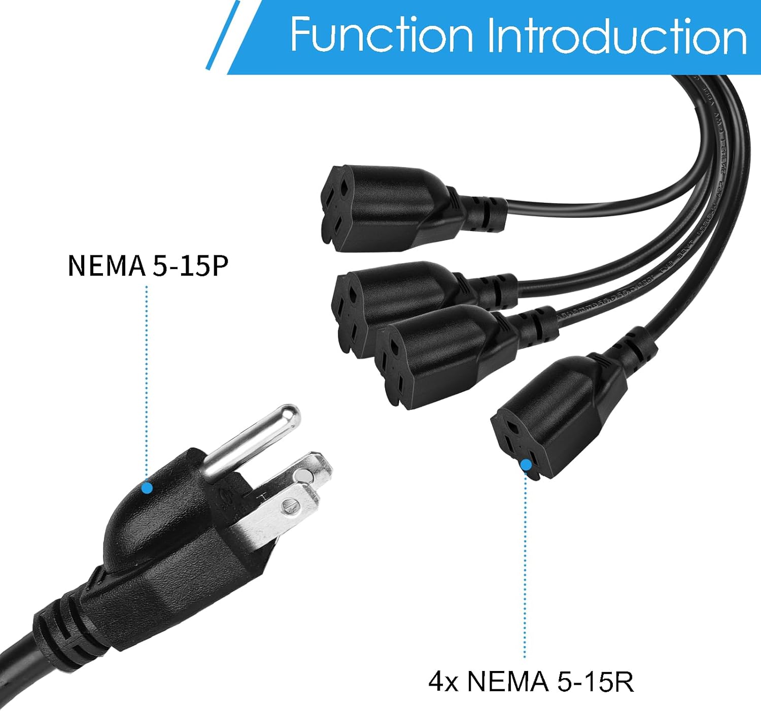 3 Prong 1 to 4 Outlet Power Cord Splitter Cord, 1.6FT 16AWG 10A/1250W, NEMA 5-15P to 3X NEMA 5-15R Y Style 3-Outlet Extension Cord for Home, Room, Office (Black)