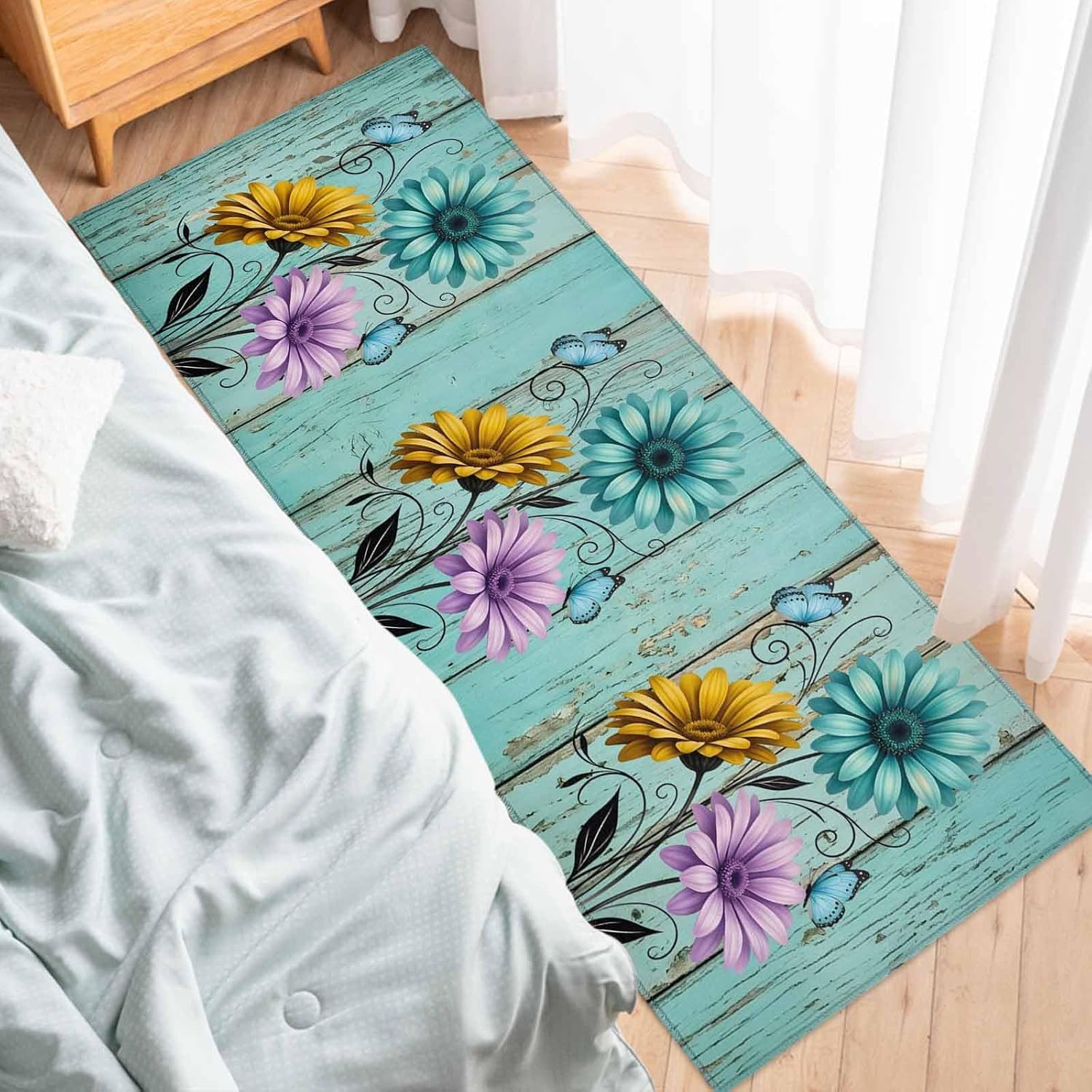 Teamery Kitchen Mats for Floor Spring Blossom Daisy Butterfly Washable Non Slip Kitchen Rugs 1PCS, Farm Flower Teal Wood Grain Absorbent Standing Mats for Sink Bathroom Office Living Room 15.7x47.2in