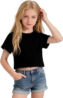 Girls Crop Tops Short Sleeve T-Shirts for Girl Crew-Neck Basic Tee