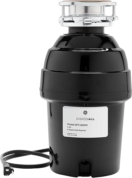 GE Disposall Continuous Feed 1 HP Motor Garbage Disposer, Good for Grinding: Cooked Meat, Beans, & Seeds, Universal 3 Bolt Install & Power Cord Included, Recommended Families of 4 or More, GFC1065W