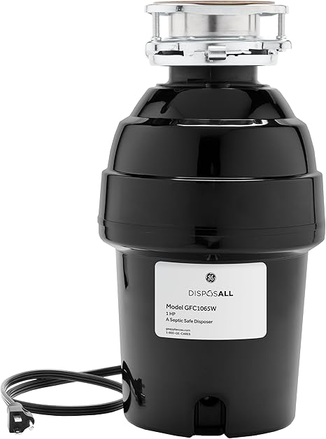 GE Disposall Continuous Feed 1 HP Motor Garbage Disposer, Good for Grinding: Cooked Meat, Beans, & Seeds, Universal 3 Bolt Install & Power Cord Included, Recommended Families of 4 or More, GFC1065W