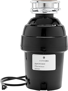 GE Disposall Continuous Feed 1 HP Motor Garbage Disposer, Good for Grinding: Cooked Meat, Beans, & Seeds, Universal 3 Bolt Install & Power Cord Included, Recommended Families of 4 or More, GFC1065W