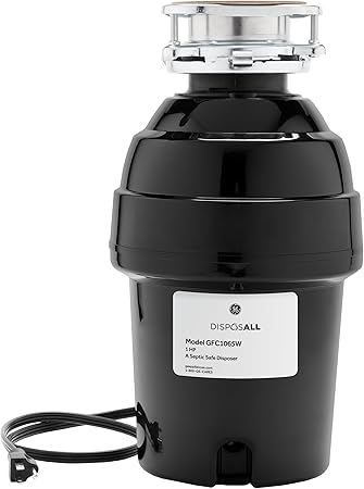 GE Disposall Continuous Feed 1 HP Motor Garbage Disposer, Good for Grinding: Cooked Meat, Beans, & Seeds, Universal 3 Bolt Install & Power Cord Included, Recommended Families of 4 or More, GFC1065W