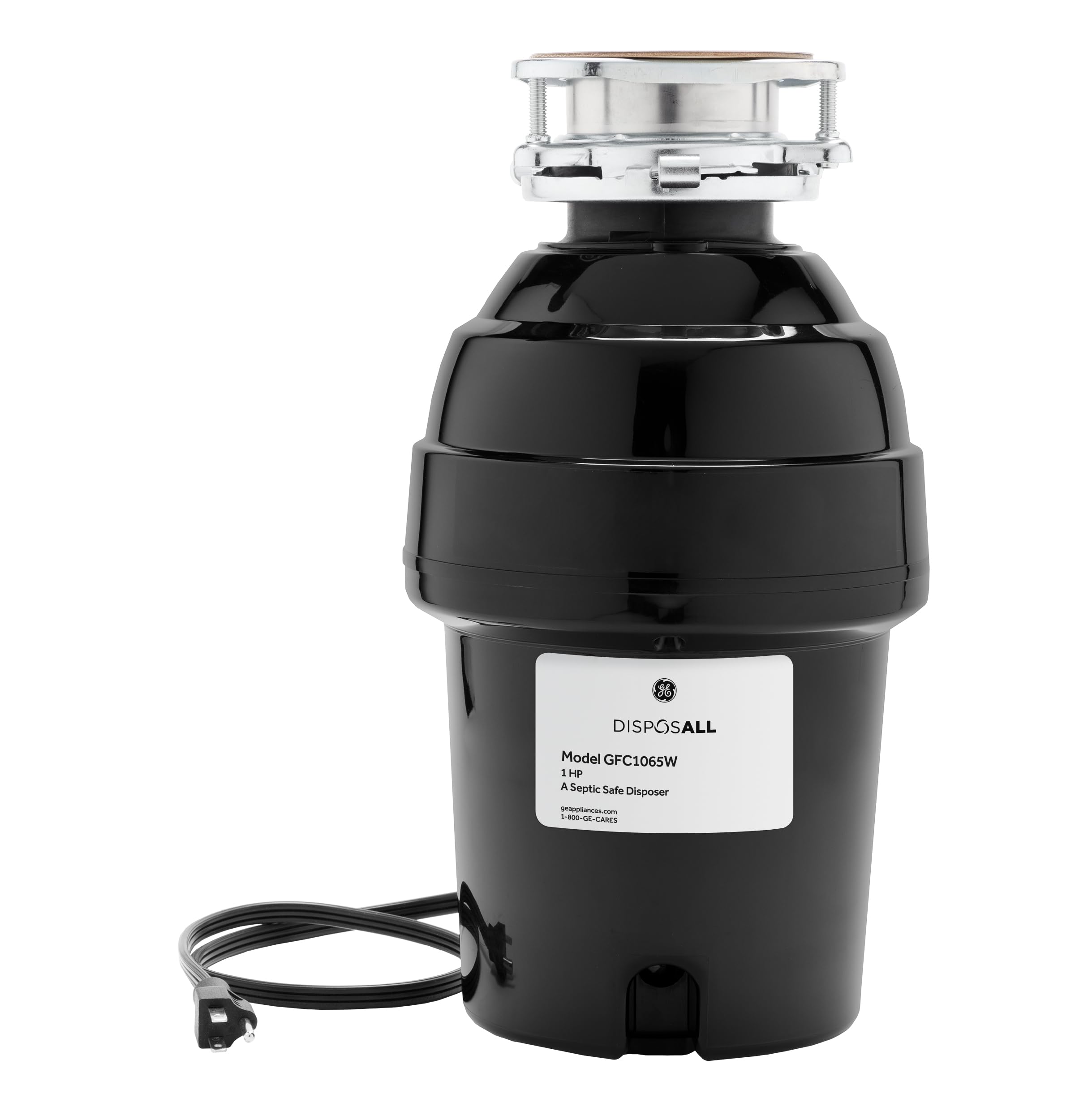 ge disposall continuous feed 1 hp motor garbage disposer, good for grinding: cooked meat, beans, & seeds, universal 3 bolt install & power cord included, recommended families of 4 or more, gfc1065w