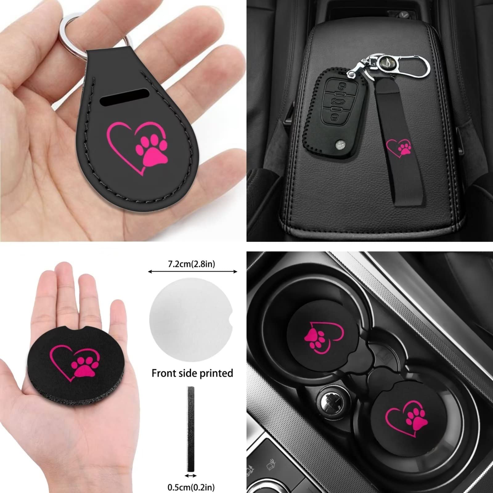 Dolyues Set di 10 accessori per auto con zampa e cuore, coprivolante, portachiavi, portachiavi, bracciolo consolle, sottobicchiere auto, carino