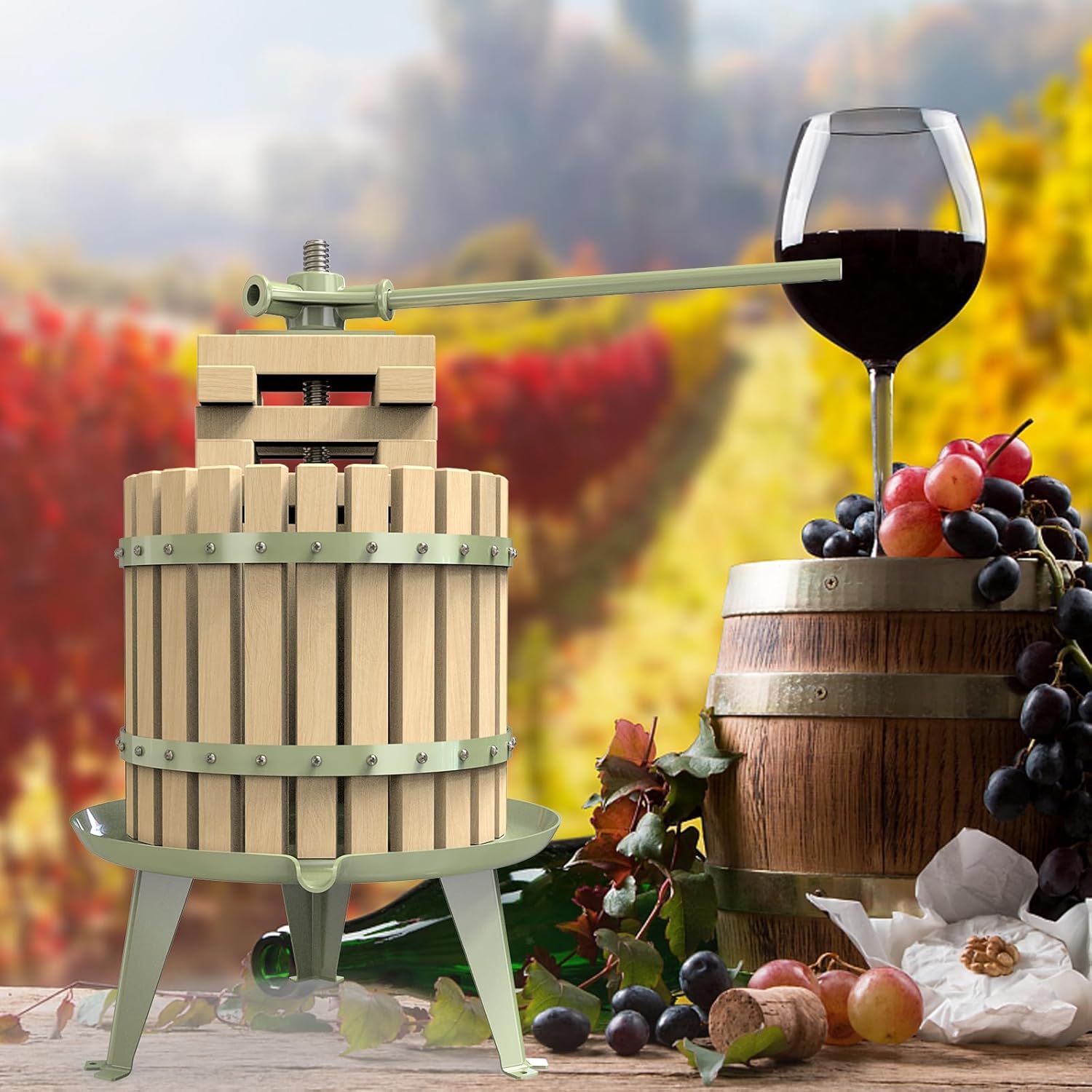 Presse à vin fruit - Presse-pommes et raisins 100 % naturel/sain - Presse-agrumes manuel pour la cuisine - Panier en bois massif avec blocs - Presse-vin de cidre (certifié LFGB, robuste) (12L)