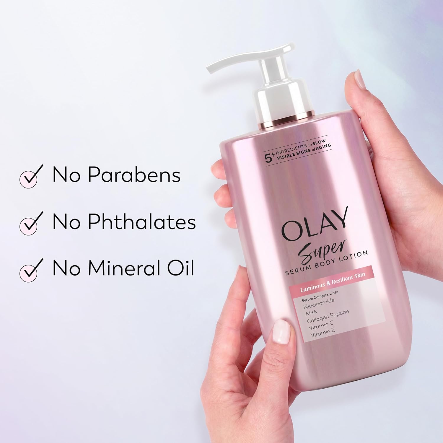 Olay Super Serum Hand & Body Lotion for Aging, 24hr Long Lasting Moisture, Fast Absorbing, 5+ Ingredient Complex for Bright Even Firm Luminous Skin, Sweet Vanilla & Soft Wood Scent, 17 fl oz