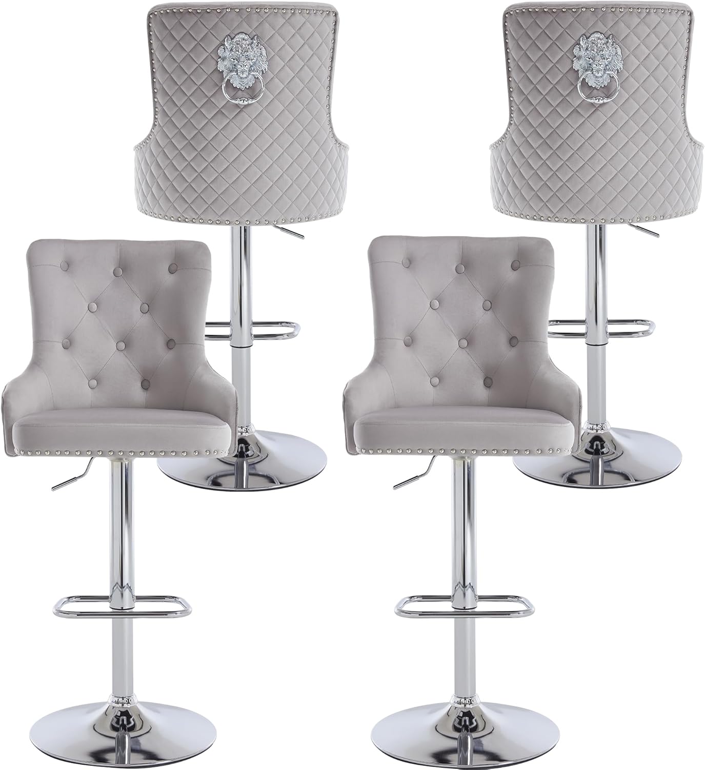 Velvet Barstools Set of 4, Swivel Bar Height Stools with Lion Pull Ring, Upholstered Counter Height Stools with High Tufted Back, Modern Adjustable Bar Chairs for Kitchen Island/Cafe, Grey