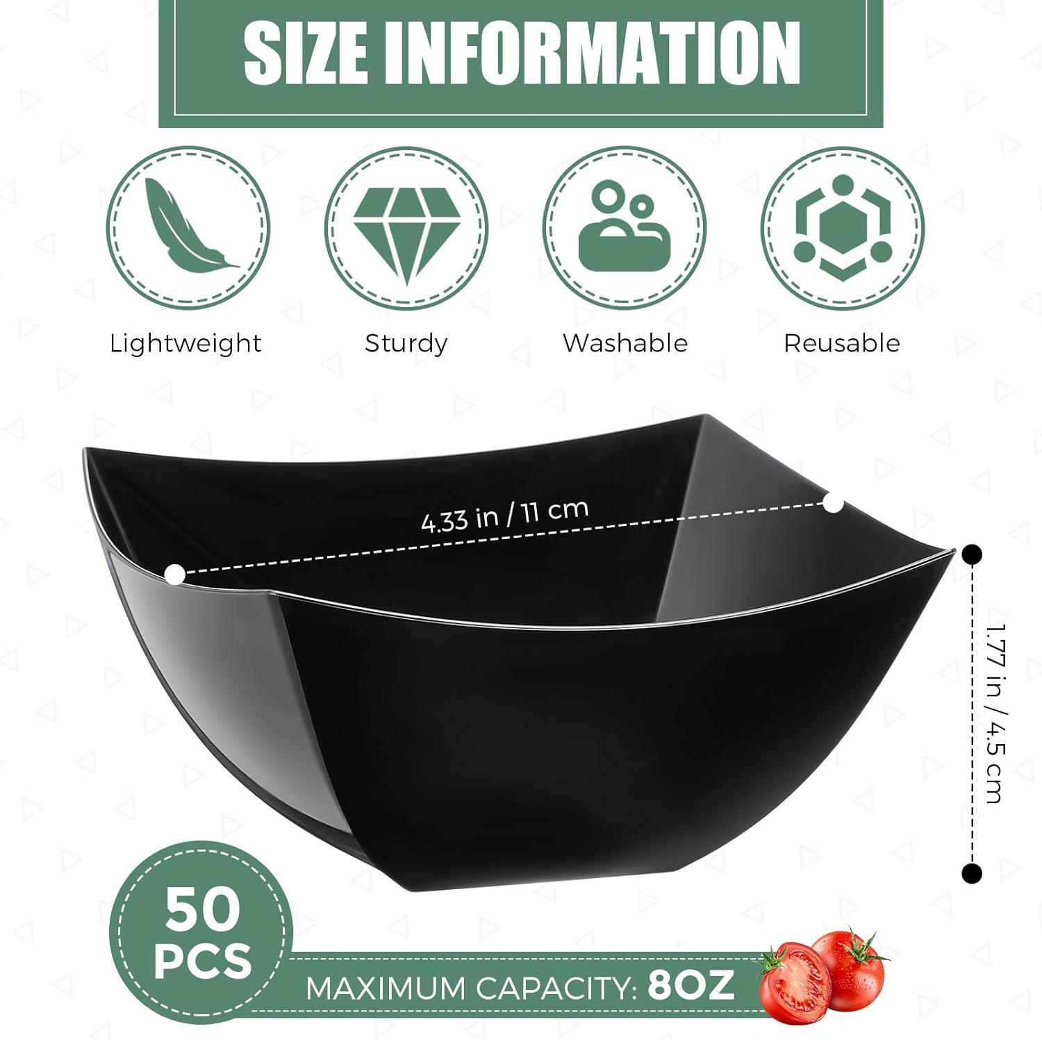 Tanlade 50 Pcs Square Plastic Serving Bowls Disposable Snack Salad Bowl Small Party Candy Bar Containers Taco Bar Serving Dishes for Buffet Chips Fruit(Black,8 oz) - Image 2