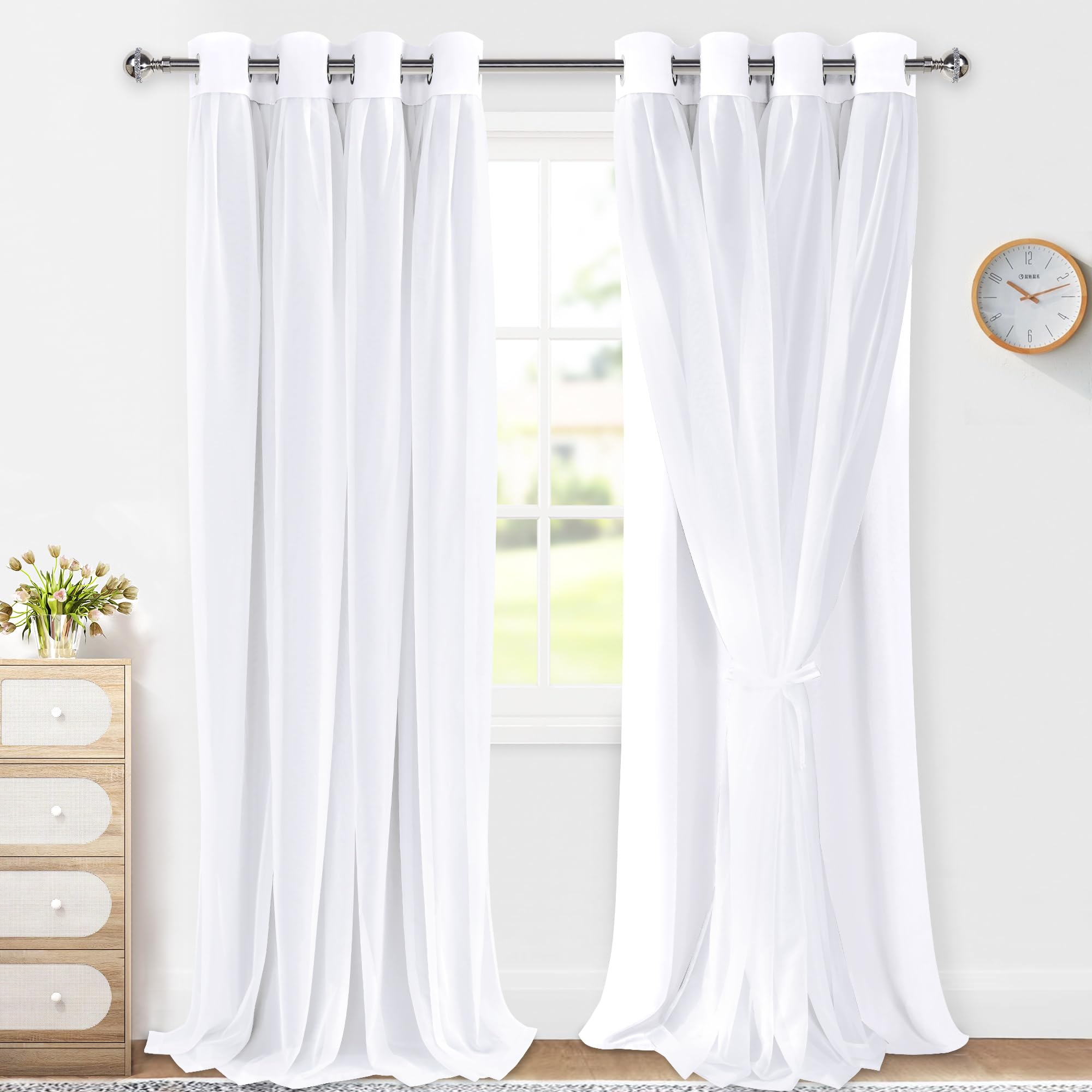 XWZO Cortinas blancas de doble capa, cortinas 100 % opacas con superposición transparente para guardería, sala de estar, habitación de los niños, cortinas de privacidad con aislamiento térmico y