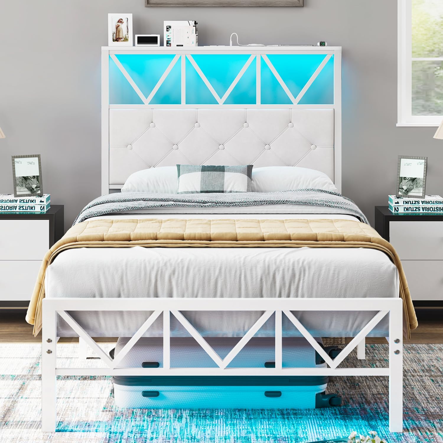 Twin Size Bed Frame with LED Light and Charging Station, White Upholstered Headboard with Shelf, Under Bed Storage, No Box Spring Needed, Noise Free, Easy Assembly, White