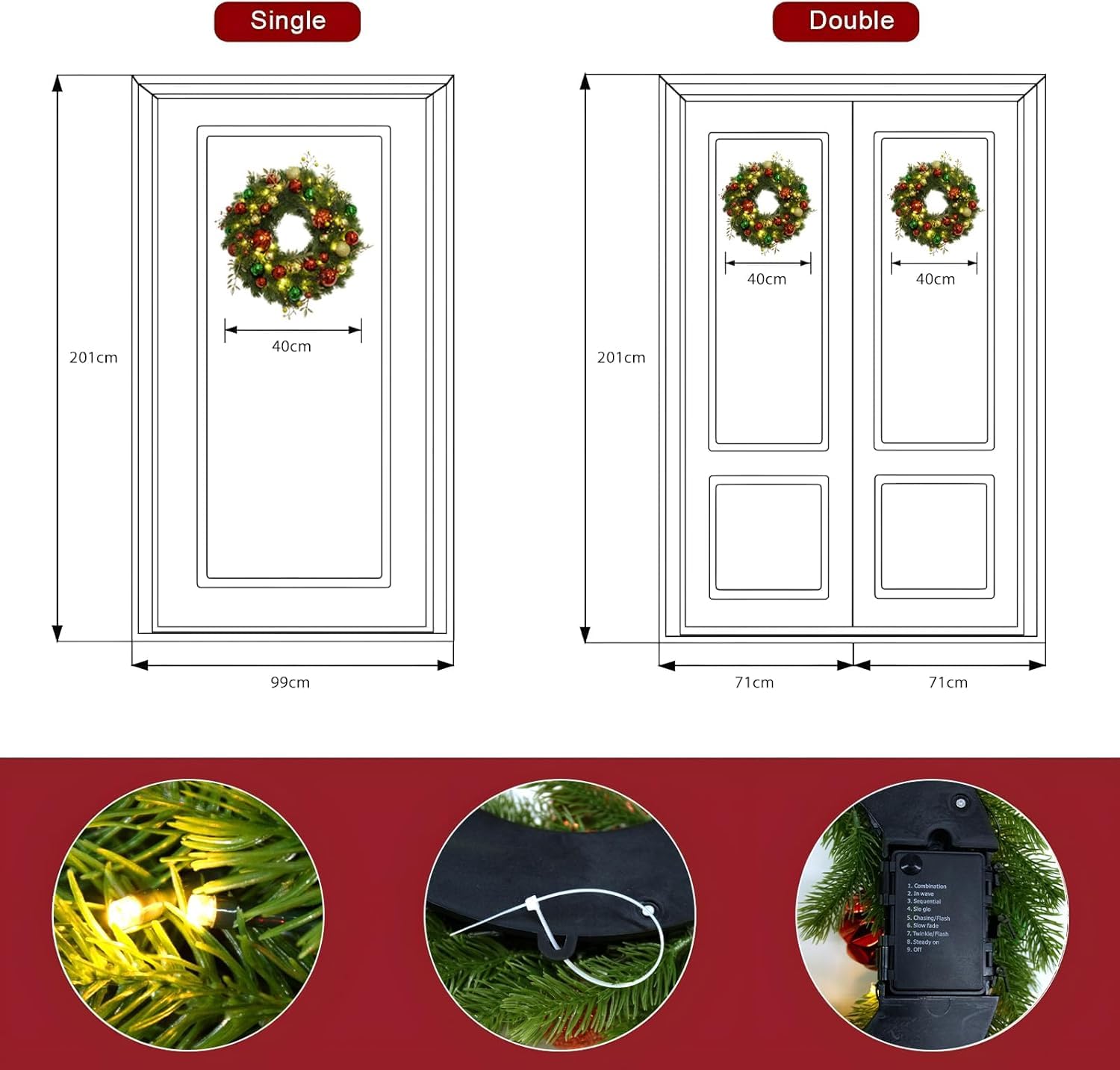 Avoalre Weihnachtskranz 40cm 40LEDs Lichterketten Timer Batteriebetrieben Künstlicher Kranz 8 Modi Innen Weihnachtsdeko mit Christbaumkugeln Türkranz für Weihnachten Fenster Tür | Künstlicher Kranz 8 Modi Innen Weihnachtsdeko mit Christbaumkugeln Türkranz