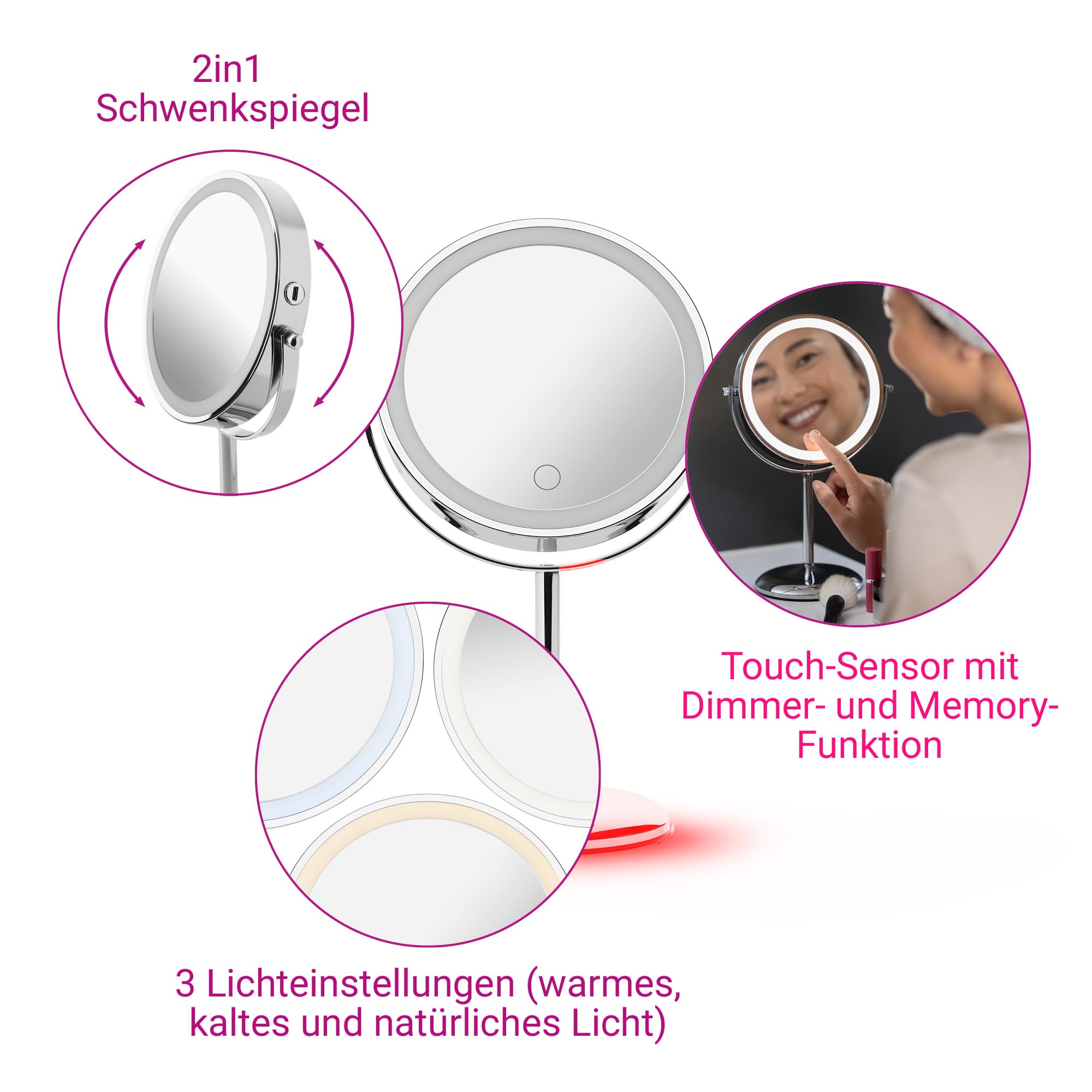 Medisana CM 844 Kosmetikspiegel mit Vergrößerung, Tischspiegel mit Beleuchtung, kabelloser Spiegel mit Akku, stufenloses LED-Licht und 2 drehbare Spiegelflächen ohne und mit 7-facher Vergrößerung