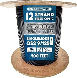 Armored Plenum 12 Strand Indoor/Outdoor Fiber Optic Distribution Cable, OS2 9/125 Singlemode, Corning Optical Fiber, Black, Spool, 500 Feet