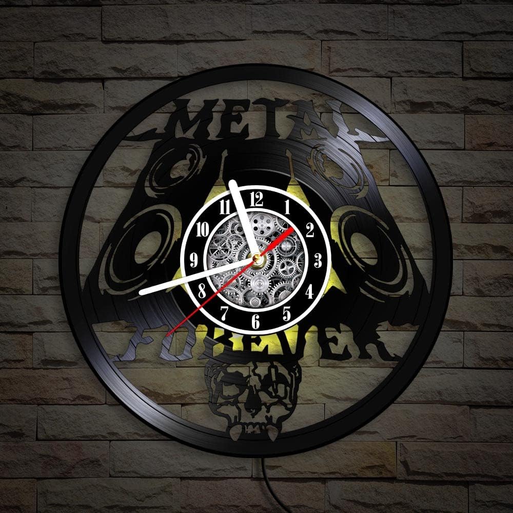 The Geeky Days LED Vinyl Record Wall Clock 7 Color Light, Heavy Metal Music Skull 12inch Silent Non Ticking Luminous Hanging Watch Rock Music Band Group Night Club Decor