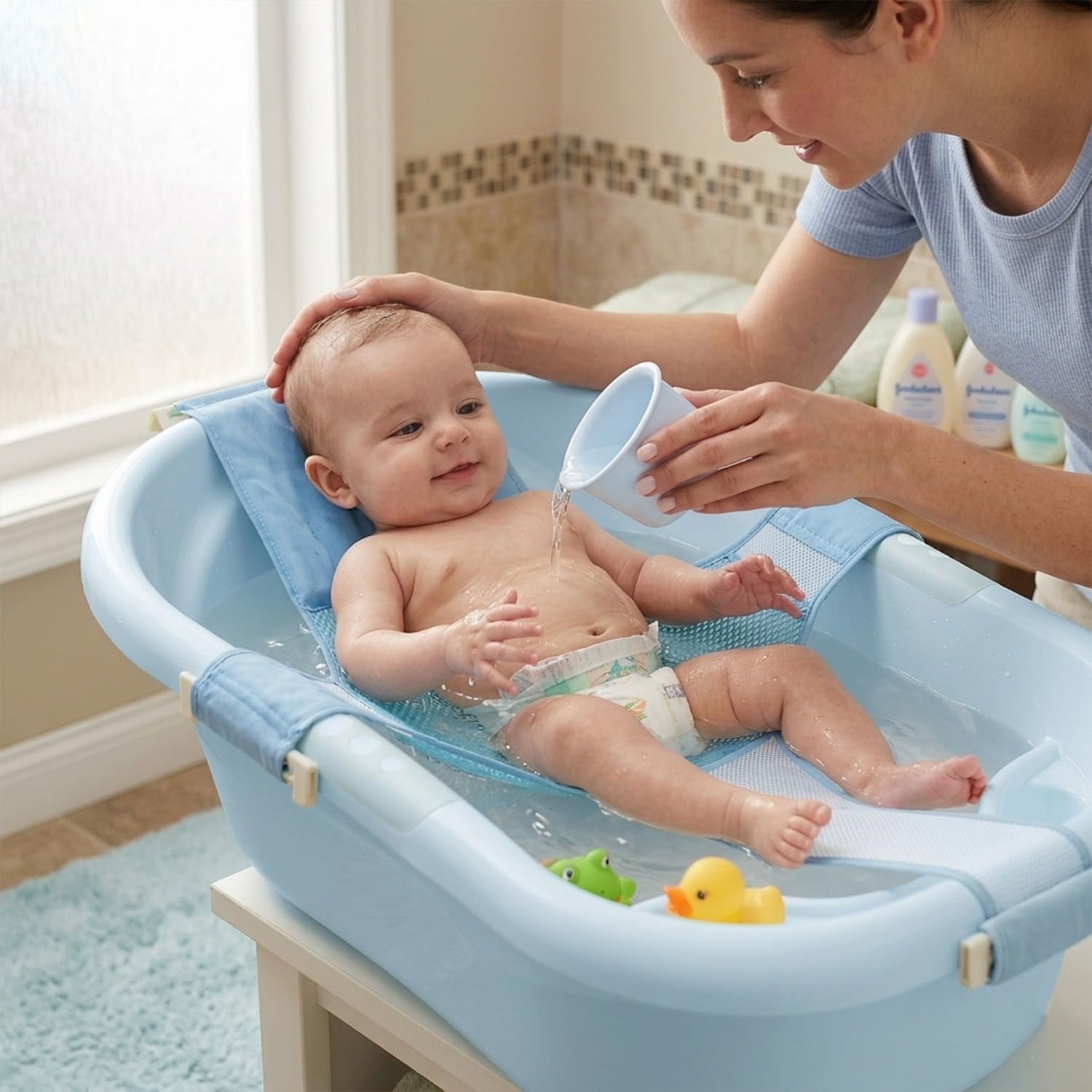 SYGA Bath Seat Support Net Non-Slip Bathtub Sling Shower Mesh Bathing Cradle Rings for Tub (Blue)-image-9